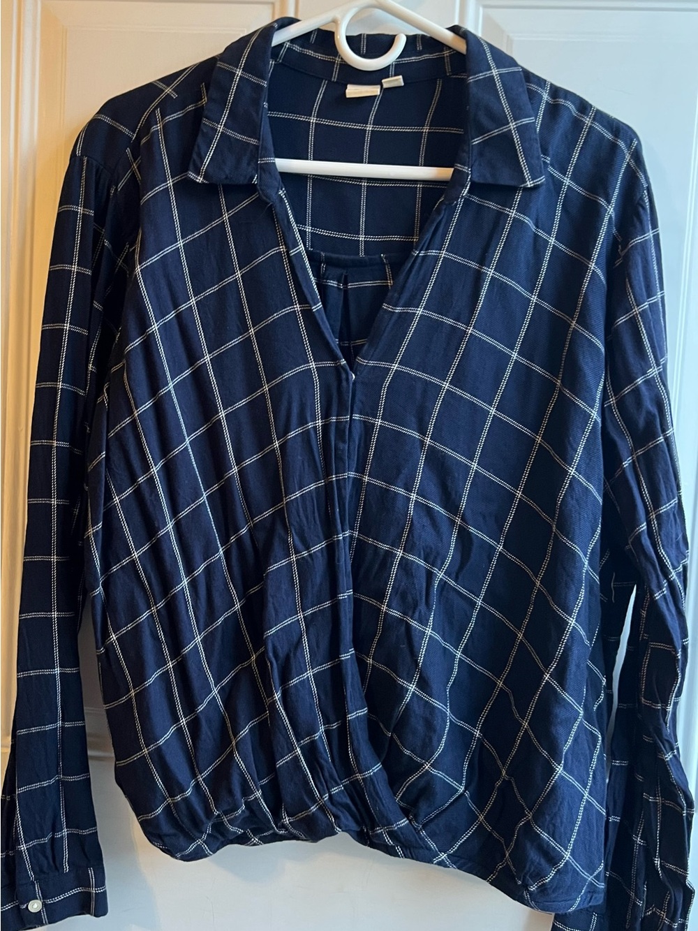 GAP Navy Windowpane Wrap-Style Button Down Top